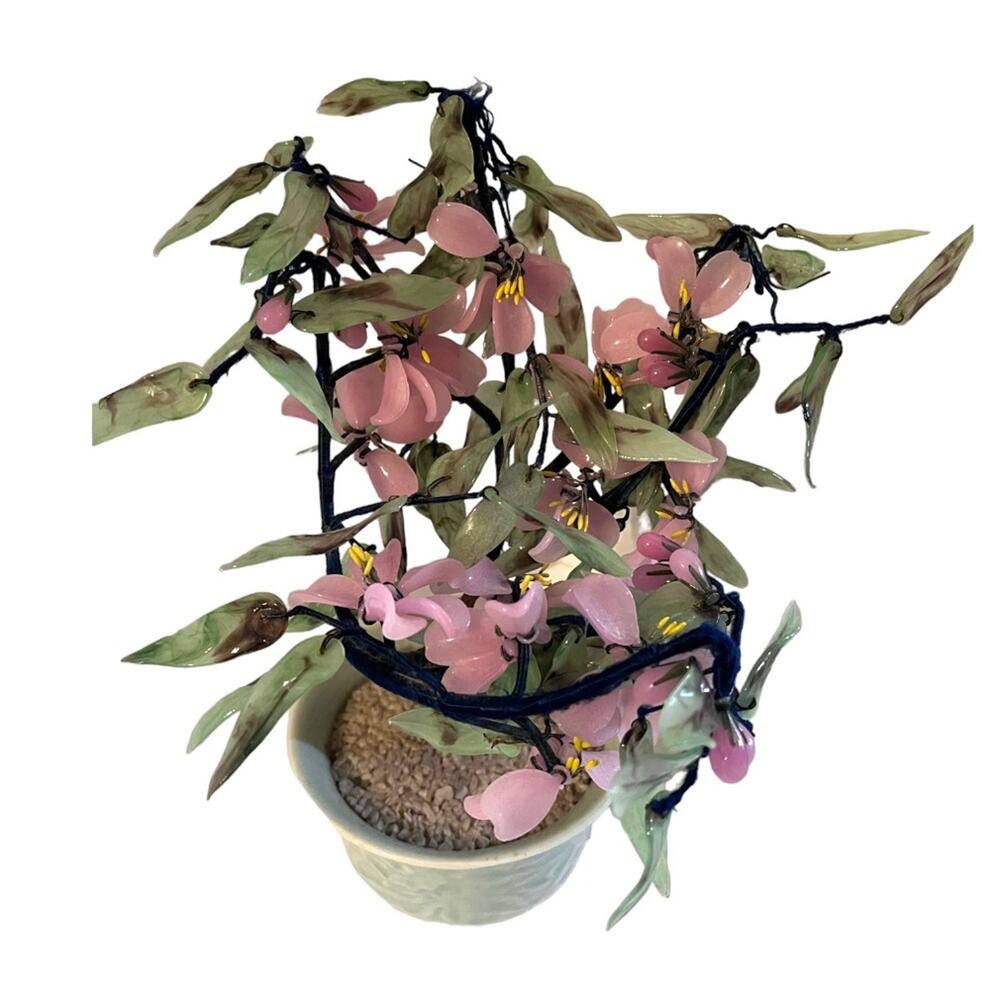 Vintage Pink Floral Bonsai Tree in Celadon Green Planter Pot